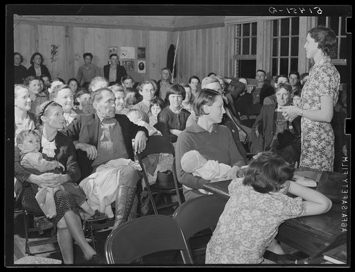 Group of men and women at evening class conducted by Miss Velma Patterson, vocational home economic worker from Elba, and by other vocational agricultural teachers, at Mount Zion school. Coffee County, Alabama