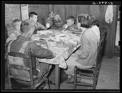Through help and supervision of home and field supervisors, diet and health of many RR (Rural Rehabilitation) families have been greatly improved. The Peacock family (RR four years) had for dinner (noon meal): sausage, cabbages, carrots, rice, tomatoes, cornbread, canned figs, bread pudding and milk