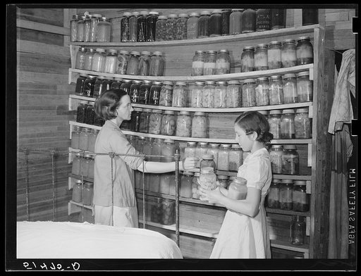 Mrs. Peacock and daughter Mary, RR (Rural Rehabilitation) four years, getting some of their supply of canned foods for dinner. Many families keep their jars on shelves along wall in bedroom and living room. Coffee County, Alabama