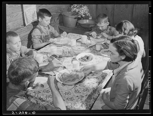 Through help and supervision of home and field supervisors, diet and health of many RR (Rural Rehabilitation) families have been greatly improved. The Peacock family (RR four years) had for dinner (noon meal): sausage, cabbage, carrots, rice, tomatoes, cornbread, canned figs, bread pudding and milk.