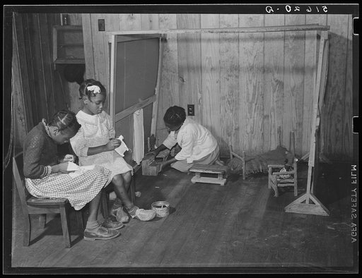 Thelma Powell, Jeneaver Cody and Elnora Tyler with house and furniture and curtains they are making in first grade. Flint River Farms, Georgia