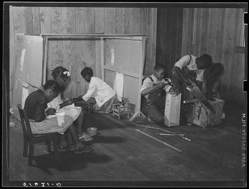 Untitled photo, possibly related to: Thelma Powell, Jeneaver Cody and Elnora Tyler with house and furniture and curtains they are making in first grade. Flint River Farms, Georgia