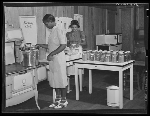 Lucille West, at pressure cooker, and Nancy Engram canning vegetables and fruits in home economics class at Flint River Farms, Georgia