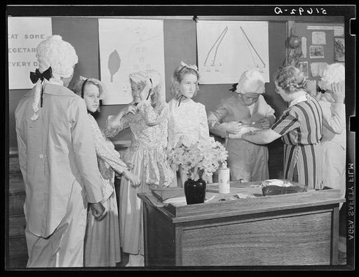 The sixth and seventh grades being made up for their colonial play and dance (tied in with regular school studies) in May Day-Health Day program school at Ashwood Plantations, South Carolina