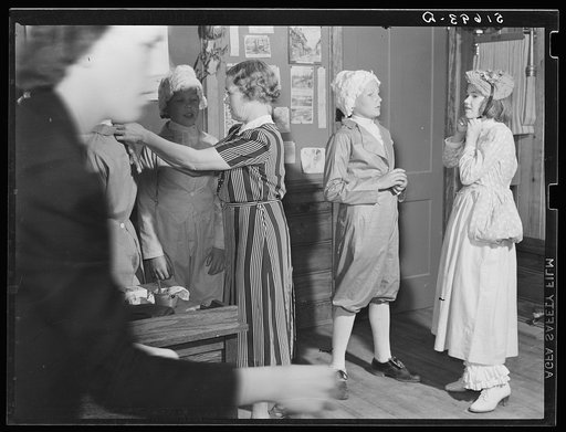 Untitled photo, possibly related to: The sixth and seventh grades being made up for their colonial play and dance (tied in with regular school studies) in May Day-Health Day program school at Ashwood Plantations, South Carolina