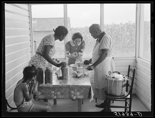 Untitled photo, possibly related to: FSA (Farm Security Administration) home supervisor assisting wife and daughter of Frederick Oliver, tenant purchase client, in canning with new pressure cooker. Summerton, South Carolina