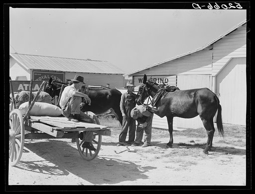 Combination filling station, garage, blacksmith shop, grocery store. Frank Petty, owner of the wagon, has just had his mule shod, his corn ground, purchases some kerosene and is returning home.  R.F.D. Danville, Virginia, Pittsylvania County