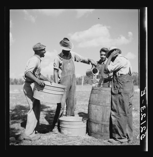 A portable cane mill (the owner gets every sixth gallon for making the sorghum syrup). This is on the property of a Negro owner, Wes Chris, a tobacco farm of about 165 acres in a prosperous Negro settlement near Carr, Orange County, North Carolina. They are straining it into a barred, measured by a 