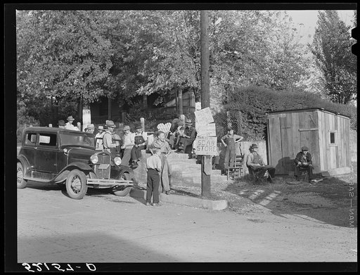 Untitled photo, possibly related to: Striking copper miners picketing company store while waiting for scabs to come from day shift. Ducktown, Tennessee