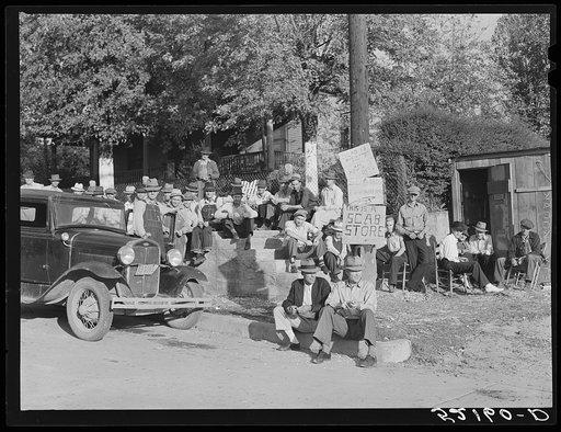 Striking copper miners picketing company store while waiting for scabs to come from day shift. Ducktown, Tennessee