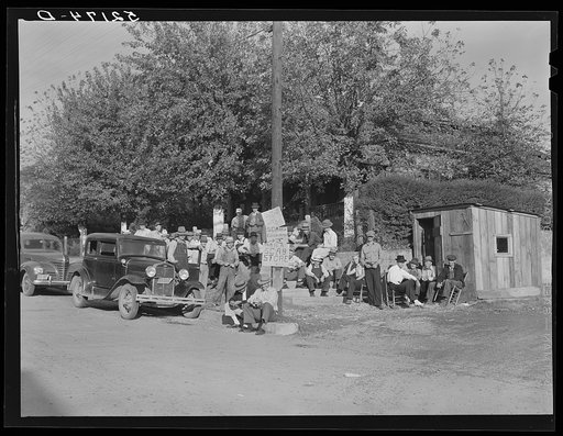 Untitled photo, possibly related to: Striking copper miners picketing company store while waiting for scabs to come from day shift. Ducktown, Tennessee