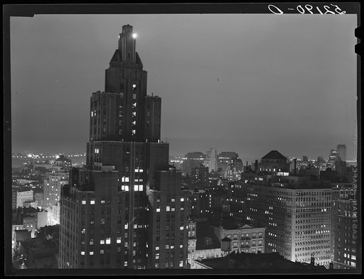 A rainy evening in New York City looking west toward Hudson River from University Place