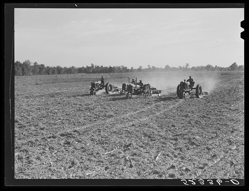 Tractors preparing land for planting oats in the fall after the cotton has been picked and the stalks plowed. Good Hope Plantation, Mileston, Mississippi Delta, Mississippi