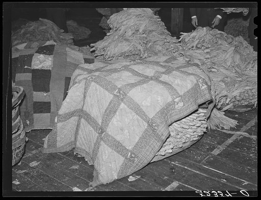 Old quilts and sacks are used to keep tobacco moist and "in order" while waiting for auction sale in warehouse. Durham, North Carolina
