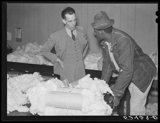Negro farmer who has brought his cotton samples to town discusses price with cotton buyer. Clarksdale, Mississippi Delta, Mississippi