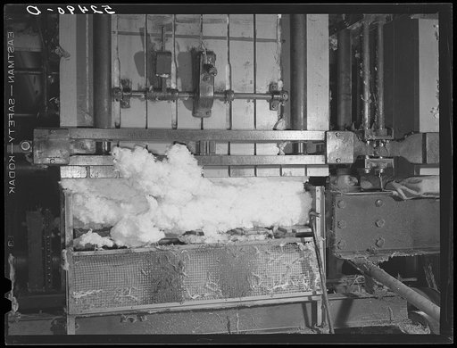 Pressing the cotton into a bale at gin. Hopson Plantation, Clarksdale, Mississippi Delta