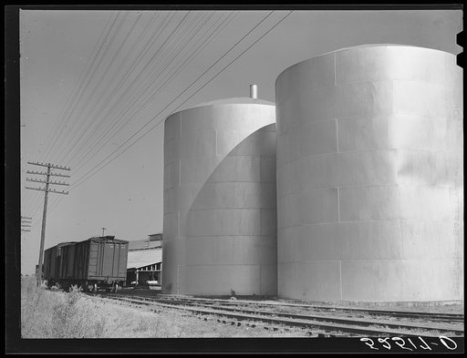 Tanks of cottonseed oil outside plant. Clarksdale, Mississippi, Delta
