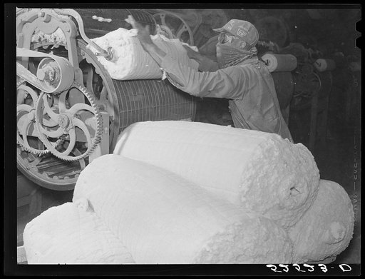 Rolls of lint from the cottonseed used in making of ammunitions and various cellulose products. Oil plant, Clarksdale, Mississippi Delta