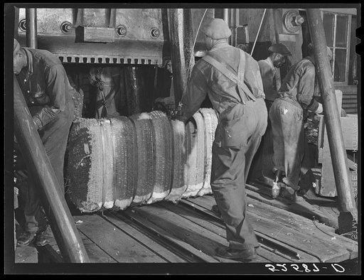 Bale of cotton after compressing. Memphis, Tennessee