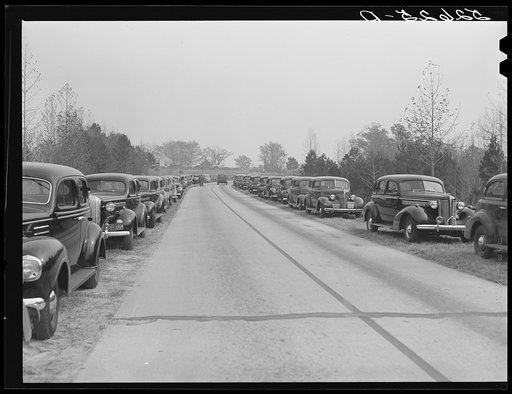 Lines of cars along highways on day at Duke-Carolina football game. Durham, near Duke University Stadium. Durham County, North Carolina
