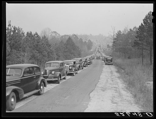 Cars parked along the highways on day of Duke-Carolina football game, near Duke University Stadium