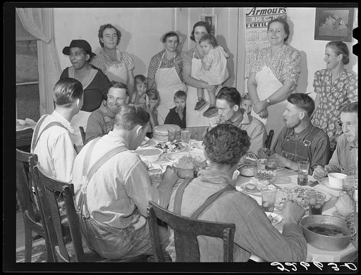 Some of the Wilkins clan at dinner on corn-shucking day at home of Mrs. Fred Wilkins. Tallyho, near Stem, Granville County, North Carolina