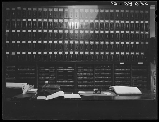 Untitled photo, possibly related to: Files for documents and leather-bound books of records, deeds, etc. in the vault for records opening from clerk of court's office. Granville County Courthouse, Oxford, North Carolina