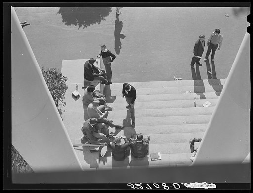 Students on steps of building between classes. University of North Carolina, Chapel Hill, Orange County