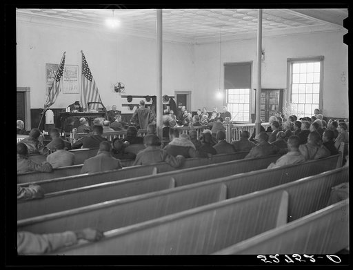 Untitled photo, possibly related to: Interior of courtroom during trial of automobile accident case during court week in Granville County Courthouse, Oxford, North Carolina. This was the second day of Superior Court. See subregional notes (Odum). November 22, 1939