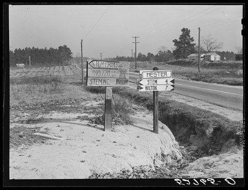 Hand-painted sign pointing to Stem Grange, west side of Highway No. 15 at Hester, Granville County, North Carolina. See subregional notes (Odum) November 16, 1939