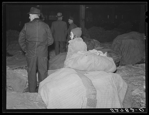 Farmer and child waiting in warehouse for their tobacco to be auctioned off (it is covered with old quilts and burlap to keep it "in order" until last minute before sale). Durham, North Carolina
