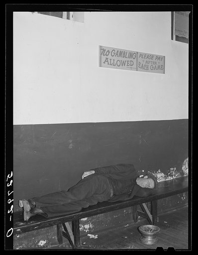 Farmers must often wait overnight or for several days before their tobacco is sold at auction. They sometimes hang around in cafes or pool rooms, sleeping most anywheres. Durham, North Carolina