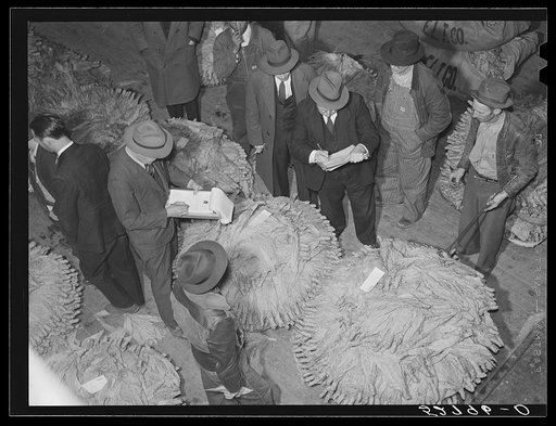 Farmers in warehouse during the auction sale. Two bookmen on each side of the row follow the auctioneer and buyers calculating the amount of the sale by multiplying the price times the number of pounds. Mebane, Orange County, North Carolina. See subregional notes (Odum) November 9, 1939