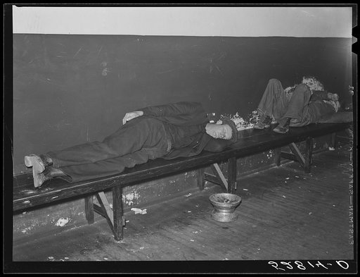 Untitled photo, possibly related to: Farmers must often wait overnight or for several days before their tobacco is sold at auction. They sometimes hang around in cafes or pool rooms, sleeping most anywheres. Durham, North Carolina