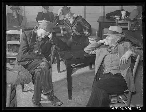 Farmers must often wait overnight or for several days before their tobacco is sold at auction. They sometimes hang around in cafes or pool rooms, sleeping most anywheres. Durham, North Carolina