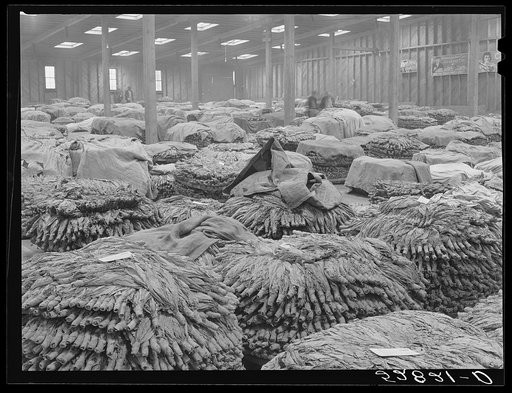 Baskets of tobacco on warehouse floor before auction sale. Durham, North Carolina