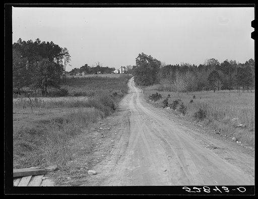 Untitled photo, possibly related to: Mrs. Elvin Wilkins' son riding their mule up the road in front of their house. Tallyho, near Stem, Granville County, North Carolina. See subregional notes (Odum) November 16, 1939