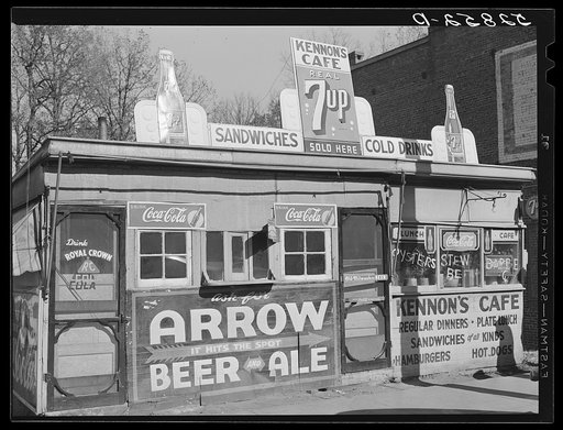 Cafe next to tobacco warehouse. Mebane, Orange County, North Carolina