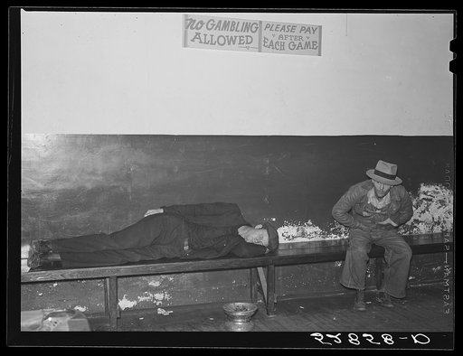Farmers must often wait overnight or for several days before their tobacco is sold at auction. They sometimes hang around in cafes or pool rooms, sleeping most anywheres. Durham, North Carolina