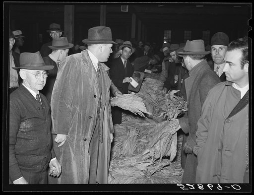 Warehouseman and auctioneer with buyers in background during tobacco auction sale. Durham, North Carolina
