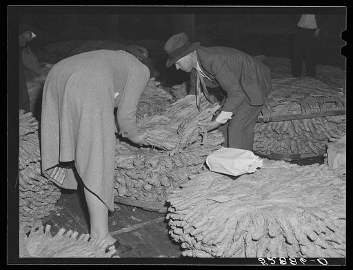 Untitled photo, possibly related to: Mr. and Mrs. Elvin Wilkins (Rosa) are dissatisfied with the price they received at auction of their tobacco. They are discussing whether or not they shall take it home or to another warehouse for sale at a later date, or whether to accept the price bid. Durham, N