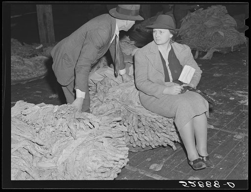 Mr. and Mrs. Elvin Wilkins (Rosa) are dissatisfied with the price they received at auction of their tobacco. They are discussing whether or not they shall take it home or to another warehouse for sale at a later date, or whether to accept the price bid. Durham, North Carolina