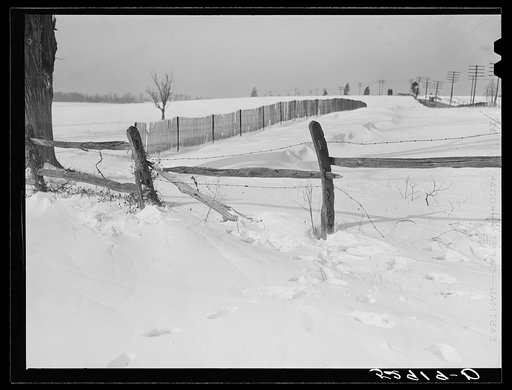 Drift fence in winter near Rockville on Route No. 240.  Montgomery County, Maryland