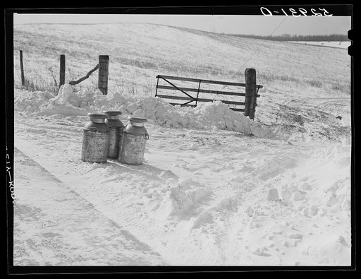 Untitled photo, possibly related to: Farmer's milk cans on highway waiting to be picked up by trucks near Frederick, Maryland