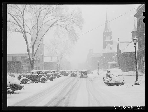 Center of town during blizzard. Brattleboro, Vermont