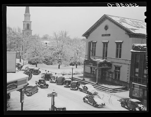 Corner of main street, center of town after blizzard. Brattleboro, Vermont