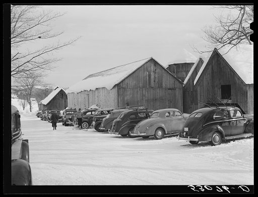 Every available space for parking is used by skiers on weekends at Clinton Gilbert's farm. The house is about eighty years old; purchased by Gilbert in 1929. He has about 150 acres, mainly a dairy farm with twenty-three cows. He also makes about one hundred gallons of maple syrup every year. First s