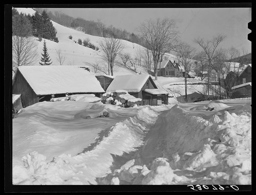 Untitled photo, possibly related to: Barn and truck snowed under after storm. Woodstock, Vermont
