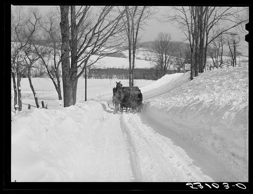 Untitled photo, possibly related to: Horses pulling sled along road near Woodstock, Vermont
