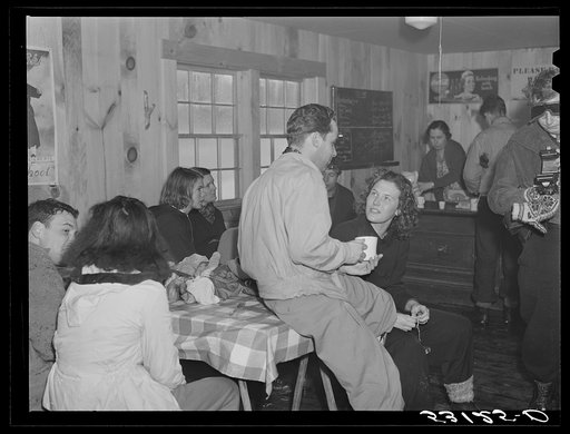 Skiers in ski hut built by Clinton Gilbert, farmer in Woodstock, Vermont